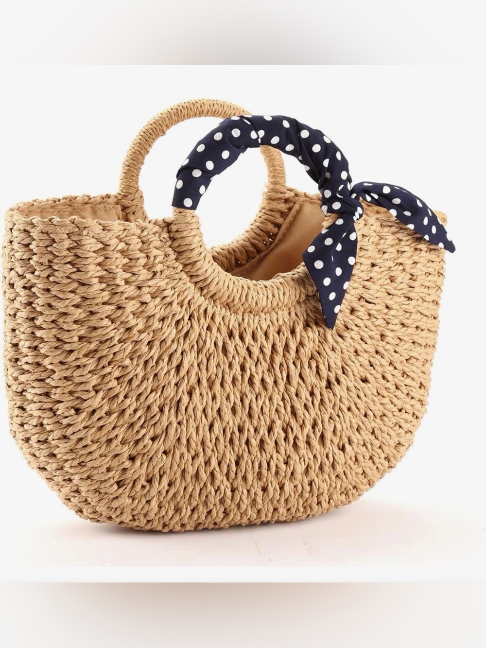 NWOT Woven Straw Satchel with Navy Polka Dot Handle Accent